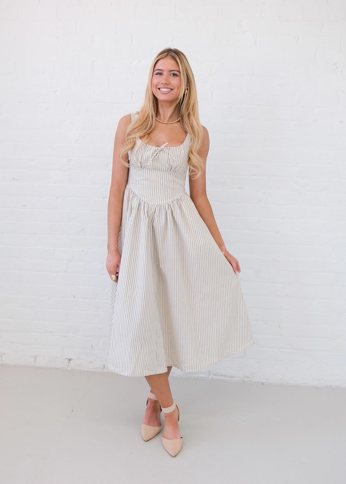 Khloe Striped Midi Dress - Beige/White