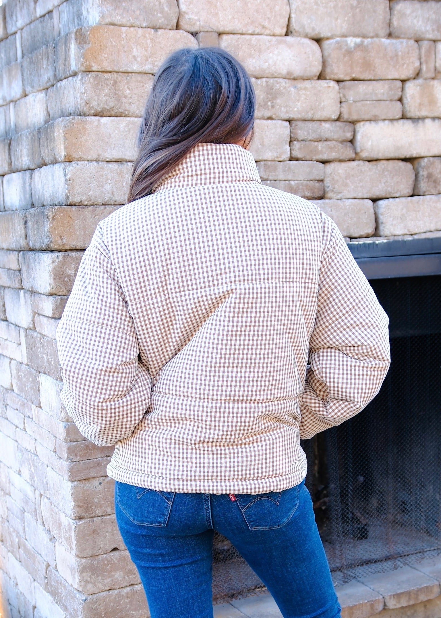 Brown Gingham Puffer Jacket