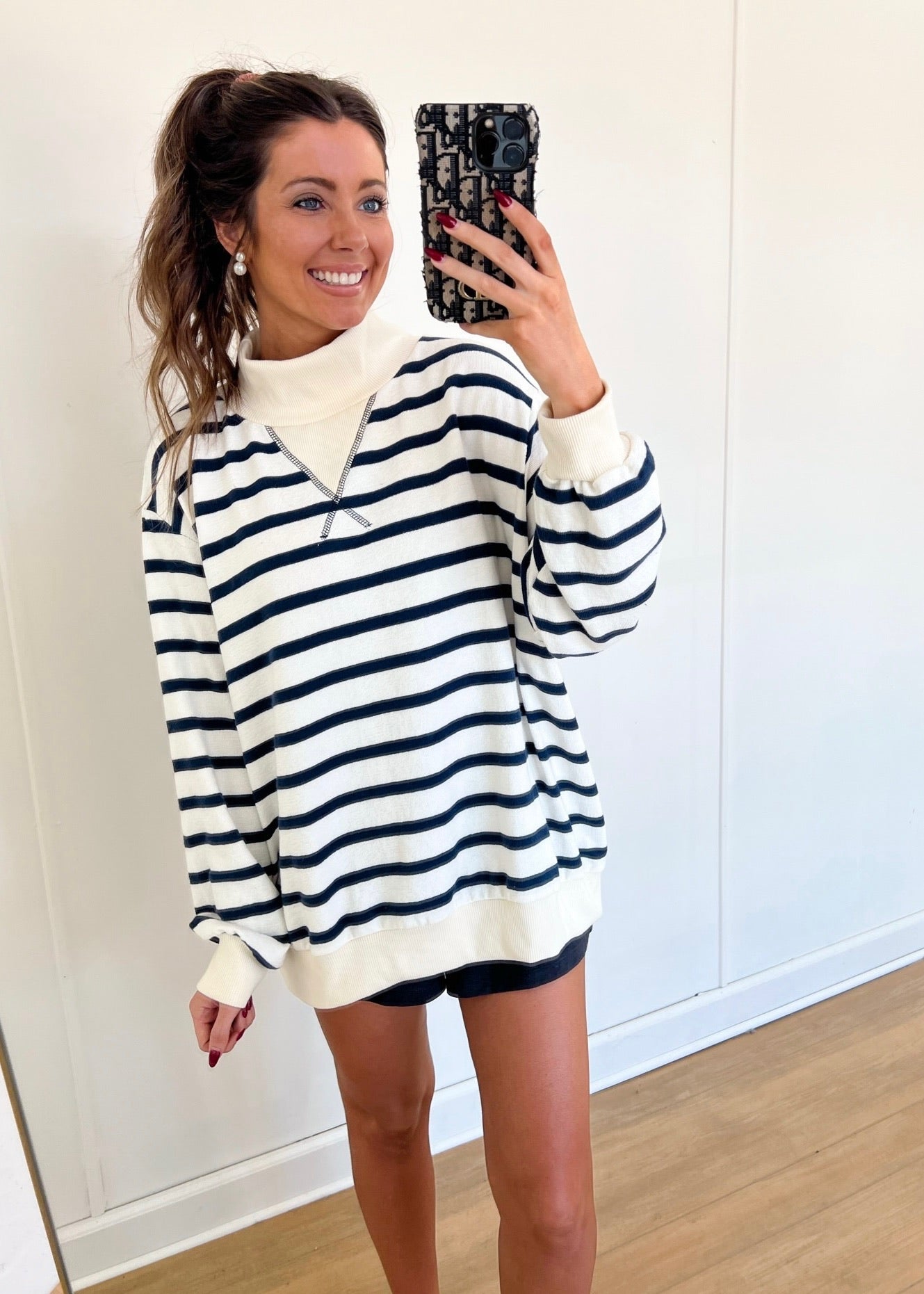 Alyssa Striped Mock Neck - Navy/Cream