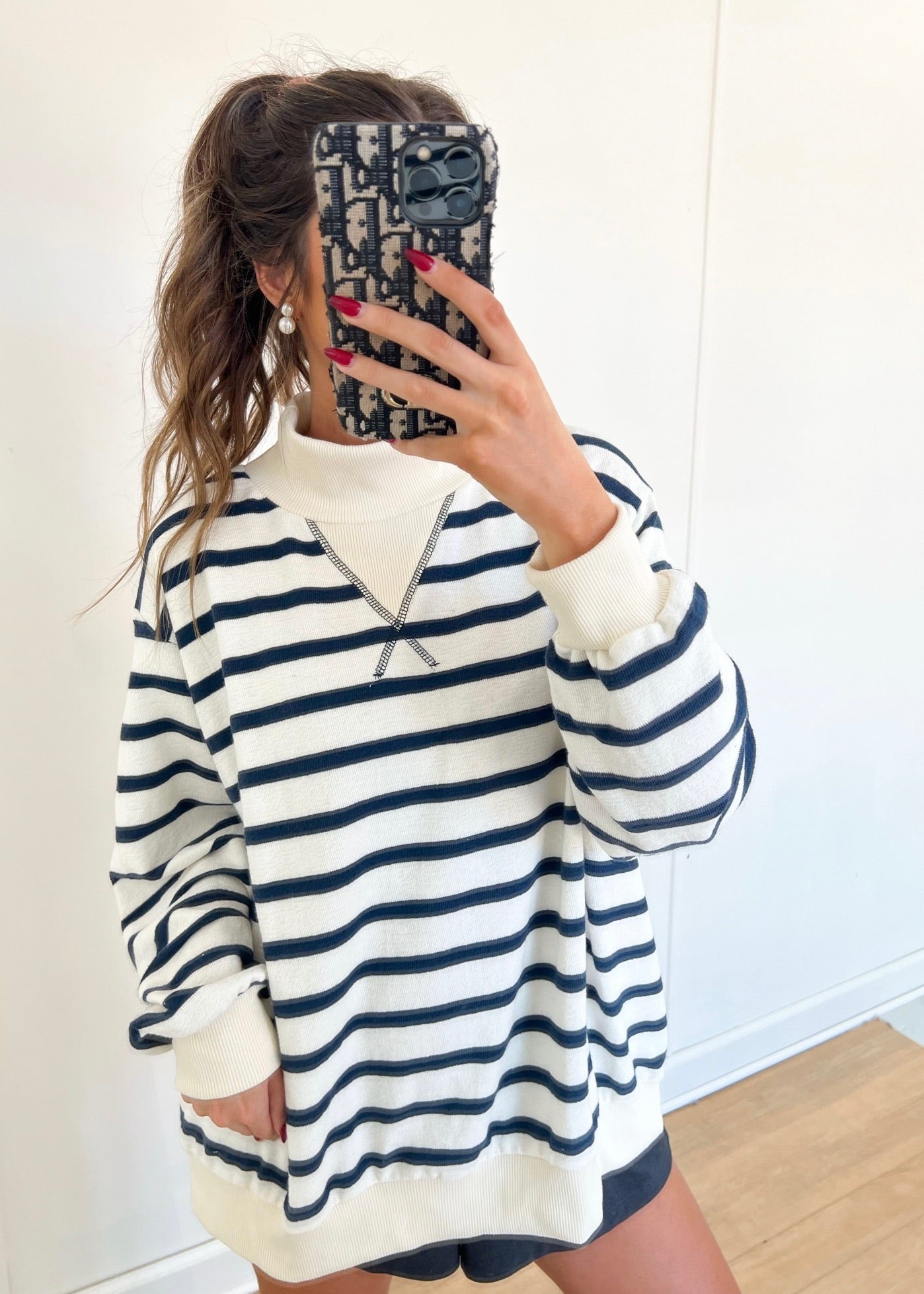 Alyssa Striped Mock Neck - Navy/Cream